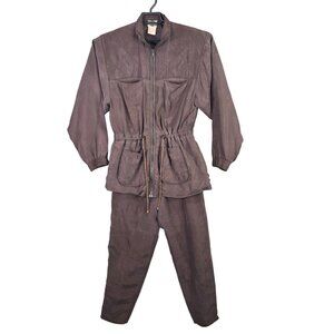 Womens Vintage Outbrook Brown 100% Silk 2 Piece Jacket & Pant Set Outfit Size S
